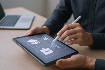 Man Using Tablet for Online Education and Business Development with Modern Technology