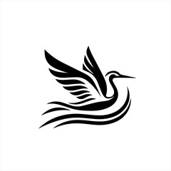 Fototapeta premium Elegant black silhouette of a crane in flight over waves