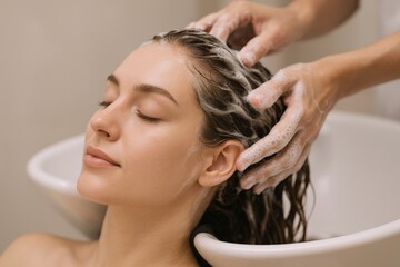 Fototapeta premium Woman Receiving a Relaxing Hair Wash at a Salon, Promoting Haircare and Wellness