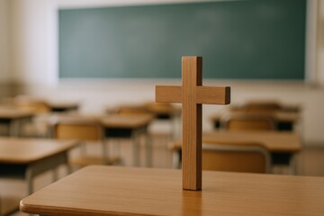 Wooden Cross Symbol Standing on a School Desk in an Empty Classroom Background
