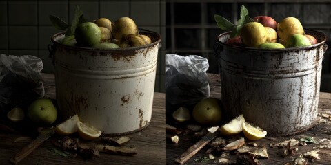 Rustic Still Life: Apples, Lemons, and Metal Bucket