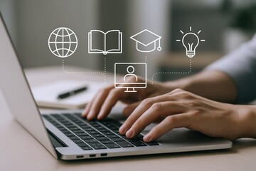 Online Education Concept with Person Using Laptop, Featuring Education Related Icons For Business