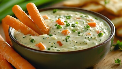 Fresh carrot sticks with creamy herb dip in gray ceramic bowl, garnished with chopped parsley and diced vegetables, close-up on wooden surface.