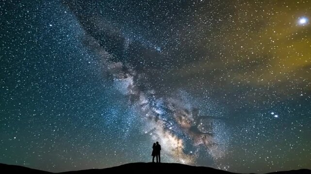 Awe-inspiring night sky vista with a silhouetted couple stargazing at the breathtaking Milky Way galaxy highlighting cosmic wonder and human connection under 