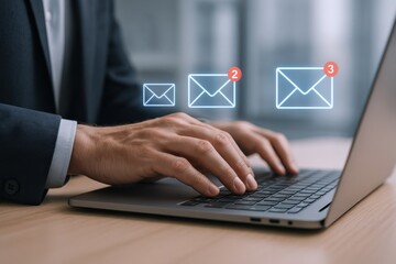 Professional uses Laptop for Email Correspondence, Marketing Automation, and Business Communication with New Message Notifications