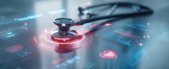 The futuristic stethoscope integrated with health technology and data visualization.