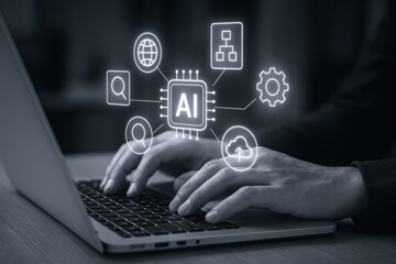 AI Integration: Person Using Laptop with Artificial Intelligence Network Interface Overlay for Data Management