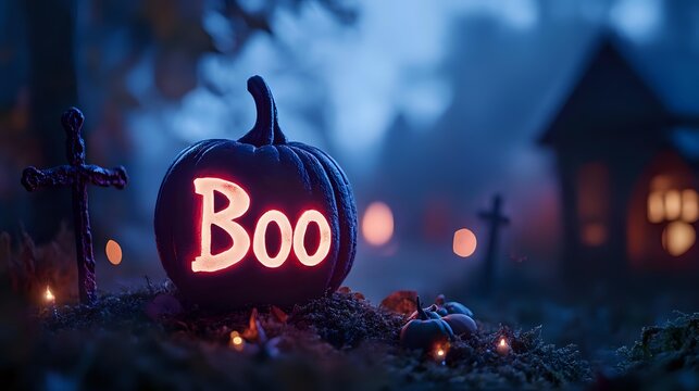 Glowing carved pumpkin with Boo text in spooky graveyard setting with crosses and atmospheric bokeh lights creating haunting Halloween ambiance.