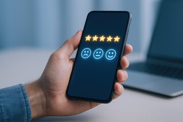 Customer feedback displayed on a mobile phone screen with five star rating and emoticons.