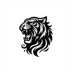 Stylized black and white tiger head roaring aggressively
