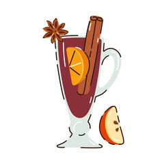 Autumn tea or mulled wine with orange, cinnamon, apple. Vector illustration.