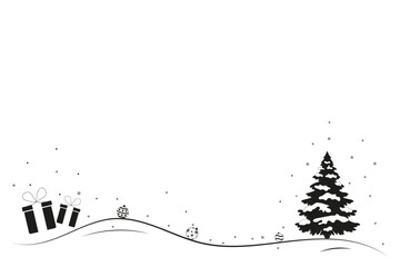 Vector illustration of a minimalist winter landscape with a Christmas tree, snow, and gift boxes on a white background.