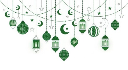 Islamic ramadan eid muslim celebration lanterns moon crescent star decorations isolated on white background