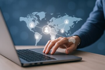 Global Network Concept: Person Using Laptop with World Map and Connection Icons Overlay