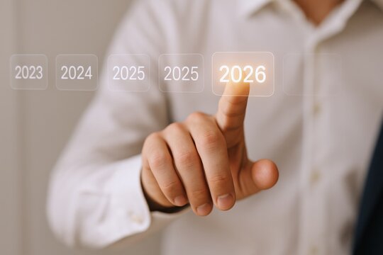 Forward-Thinking Businessman Activating the Year 2026 on a Digital Interface, Illustrating Future Goals and Planning