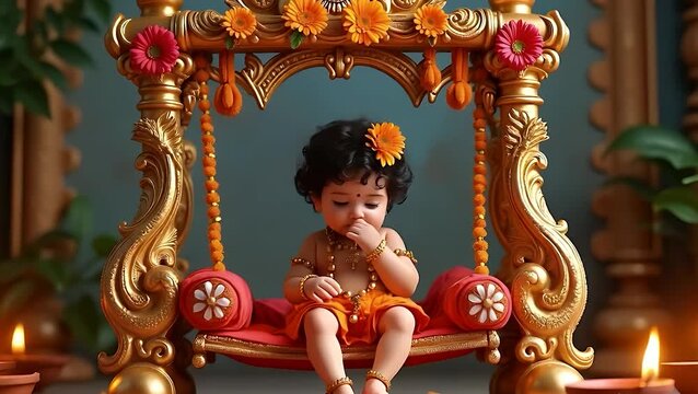 A beautifully decorated golden swing adorned with marigold and gerbera flowers, holding a cute baby dressed as Lord Krishna 