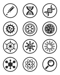 Collection of science and technology icons isolated on white background featuring dna, virus, atom, magnifier, and other related symbols