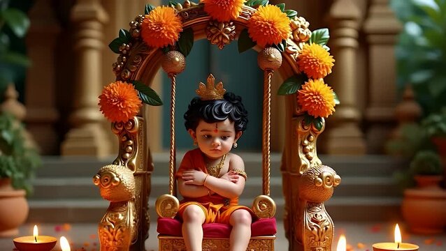 A beautifully decorated golden swing adorned with marigold and gerbera flowers, holding a cute baby dressed as Lord Krishna 