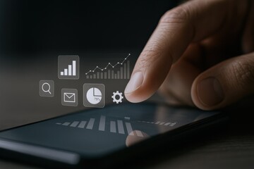 Data Analysis on Smartphone: Man Interacting with Virtual Financial Charts and Business Analytics via Mobile Device