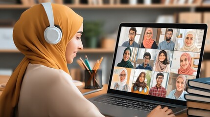 Young Woman Wearing Hijab Engaged in a Virtual Meeting on Laptop with Diverse Participants