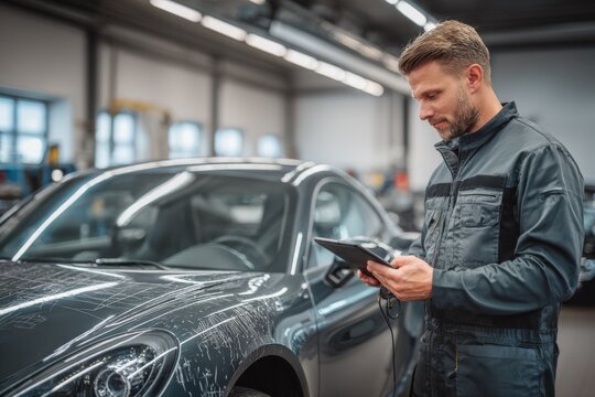 Professional Automotive Technician Using Digital Tablet for Car Diagnostics and Maintenance in Workshop