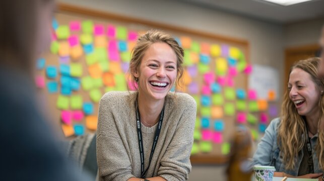 Enthusiastic Young Woman Laughing During a Brainstorming Session with Colorful Sticky Notes in the Background, Showing Team Collaboration - Powered by Adobe