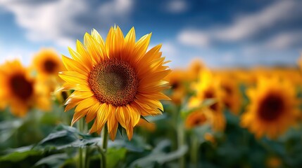 Fototapeta premium Radiant Sunflower Field Under a Bright Sky: Capturing Summer's Beauty in Agricultural Landscape