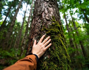 A hand touches a mossy tree trunk in a lush forest (1)
