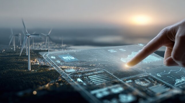 Innovative Green Energy Solutions: Hand Interacting with Digital Interface Displaying Wind Turbine Technology and Renewable Resources