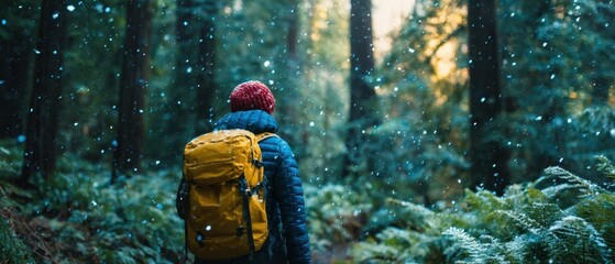 The vibrant hiker enjoying a snowy forest adventure in nature's tranquility