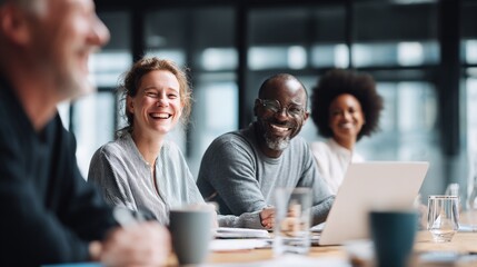 Fototapeta premium Diverse Business Team Laughing During a Meeting in a Modern Office Environment, Collaboration and Success