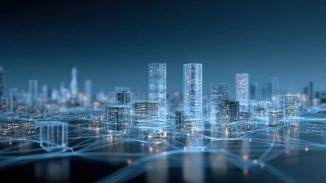 Futuristic Cityscape with Digital Network Overlay: Conceptual Smart City Design for Innovation and Technology