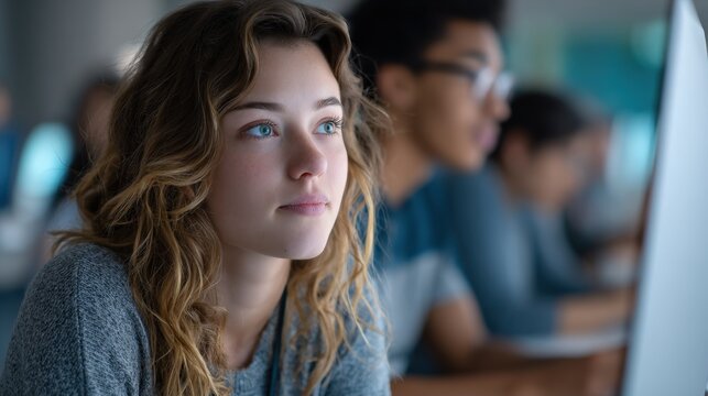 Engaged Student in Computer Lab: Focused Teenager Learning Technology with Diverse Classmates in Modern Classroom