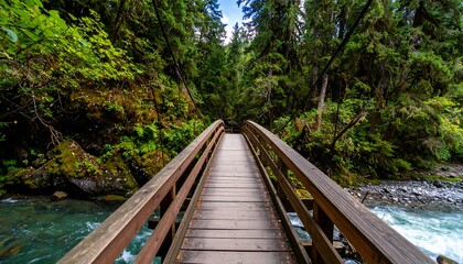 Wooden footbridge through lush forest