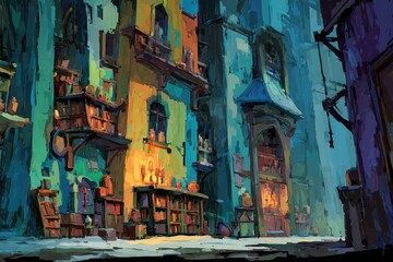 Fototapeta premium Colorful, stylized alleyway scene with buildings