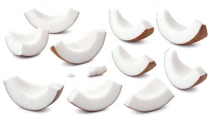 Fresh Slices of Coconut on White Background Highlighting Natural Texture and Healthy Tropical Flavor