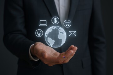 Businessman Holding Digital Globe with E-commerce Icons, Representing Global Business and International Connectivity