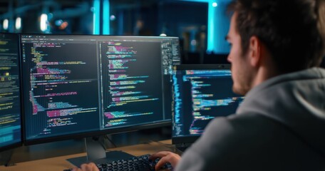 Software Developer Working on Multiple Monitors Displaying Complex Code in a Modern Office