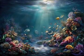 Obraz premium Underwater coral reef scene with vibrant fish and sunlight