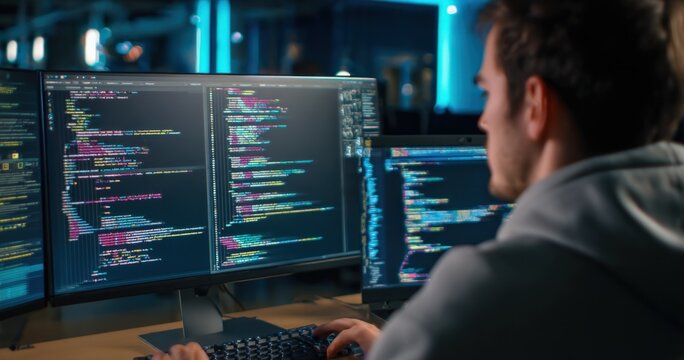 Software Developer Working on Multiple Monitors Displaying Complex Code in a Modern Office