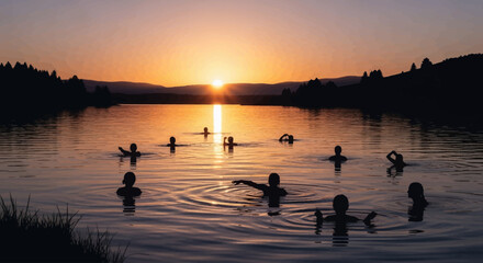 Fototapeta premium serene sunset swim finding tranquility and connection in natures embrace perfect for wellness travel and community projects