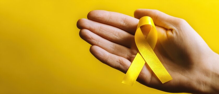 The yellow awareness ribbon held in hand against a vibrant background.