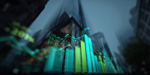 Financial Growth Chart Overlayed on Modern Cityscape, Investment Analysis and Market Data Visualization