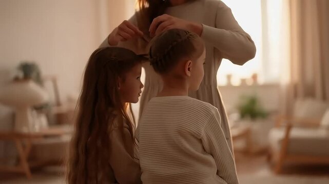 Mother Braiding Hair of Children in Warm Interior, Family Moment