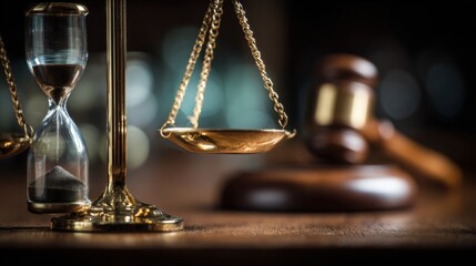 Justice Still Life: Gavel, Scales, and Hourglass Symbolizing Legal Process and Timeless Principles