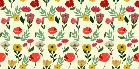 Seamless floral pattern with red and yellow tulips in a spring garden Abstract hand drawn flowers seamless pattern with florals for fabric, textile, clothing, poster, cover, banner, wall art