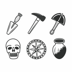 Archaeological excavation equipment icons isolated on white background in vector black and white style