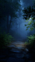 Obraz premium Mystical Forest Pathway Illuminated by Moonlight with Dense Trees and Fog 