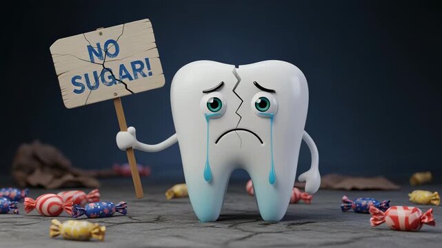 Sad cracked tooth holding a 'NO SUGAR!' sign surrounded by candy