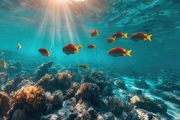 Obraz premium Sunlight streams through vibrant coral reef teeming with fish